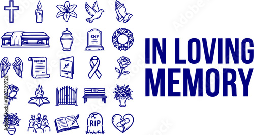 Funeral Memorial Service Respectful Hand Drawn Gray Vector Icon Set - In Loving Memory Sympathy Line Art Bundle