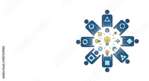 多様性とインクルージョン (D&I) のフラットデザインイラスト。協力によるイノベーション、ESG経営、人的資本、働き方改革のコンセプト。左側に広いコピースペース。