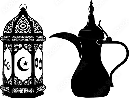 Traditional Arabic lantern and coffee pot silhouette set, elegant black vector illustration for Ramadan, Eid, hospitality, and Middle Eastern cultural design concepts