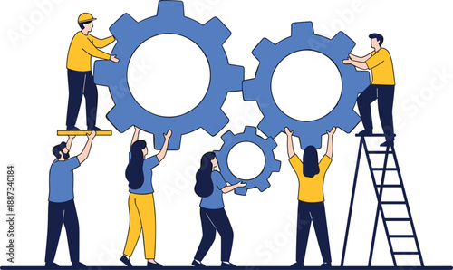 Teamwork and collaboration illustration showing people working together to assemble large interlocking gears
