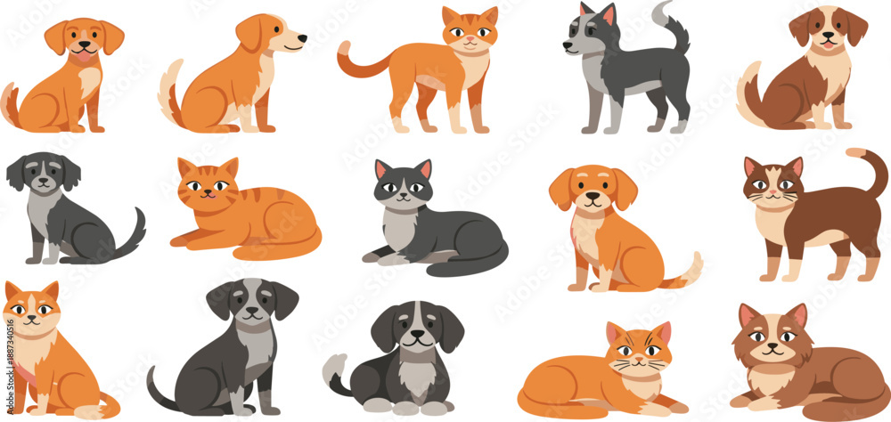 Obraz premium Collection of various cartoon cats and dogs in different poses and breeds displayed together in a grid