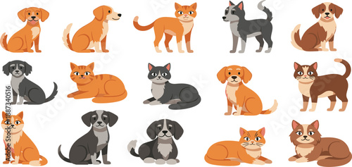 Collection of various cartoon cats and dogs in different poses and breeds displayed together in a grid