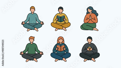 Meditation and Mindfulness: People in Yoga Poses, Reading and Using Phone