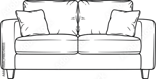 A simple line drawing of a sofa with pillows from a straight-on viewpoint in a minimalist living room setting