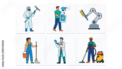 Cleaning Crew: Diverse Workers & Automated Robot Arm Illustrative Set
