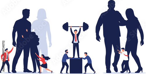 Teamwork and collaboration among diverse group of people lifting each other up