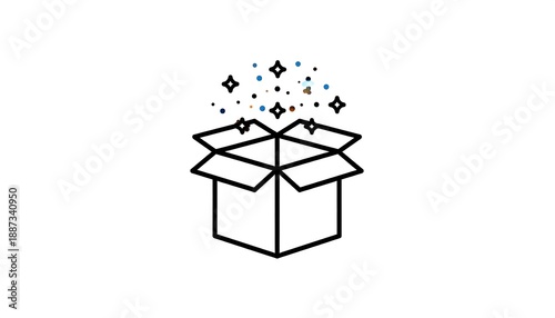 Line-art depiction of an open, square container with contents exploding upward in the form of stars and colored dots