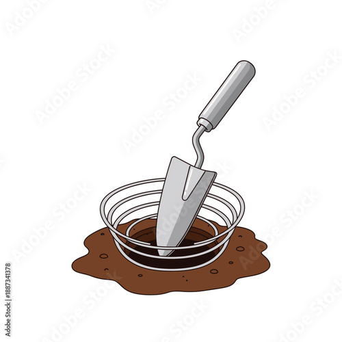 Hand Trowel Shovel Digging a Planting Hole with Root Protection Basket, Gardening Illustration on White Background