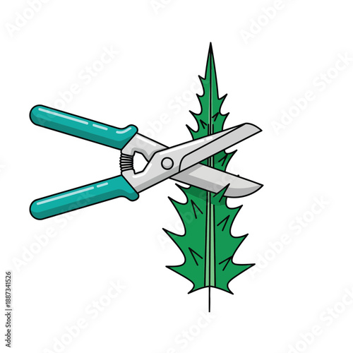 Pruning Shears Cutting Thistle Leaf Vector Illustration. Gardening, Weeding, and Plant Maintenance Icon.