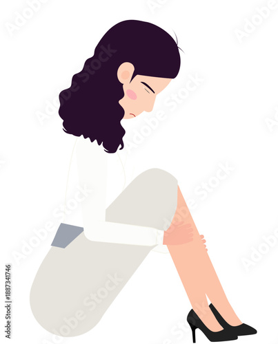 Contemplative Solitude: An illustration portrays a woman in a moment of introspection, seated with her knees drawn up, embodying quiet contemplation and introspection.