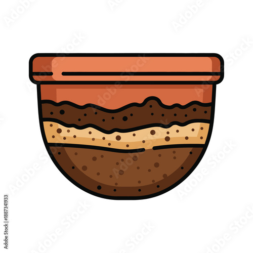 Layered Soil Cross-Section in Terracotta Pot Icon. Flat Vector Illustration of Earth Strata for Gardening and Education.
