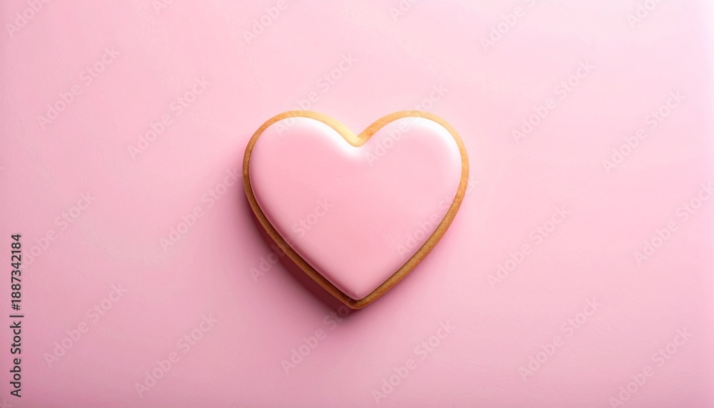 Obraz premium A single pink heart-shaped cookie with a golden brown outline on a pink background, perfect for celebrations of love or sweet treats