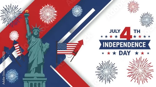 Celebrating Independence Day with the Statue of Liberty amidst fireworks and patriotic colors on a festive banner