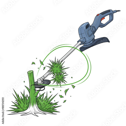 Electric Weed Trimmer Cutting Tough Grass and Weeds. Dynamic Lawn Maintenance Power Tool Vector Illustration