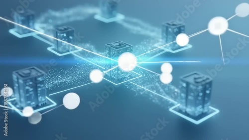 Network of interconnected servers and data centers with glowing blue lines and nodes from an aerial viewpoint showcasing technology infrastructure