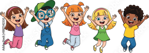happy kids jumping together cartoon children celebrating fun diversity friendship childhood joy vector illustration isolated white background