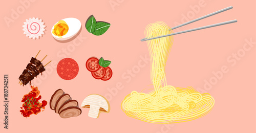 Japanese Ramen Ingredients and Toppings Collection with Noodles and Chopsticks