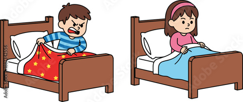 kids bedtime behavior, angry boy calm girl, sleeping problem concept, child emotions, bedtime routine illustration, cartoon children beds