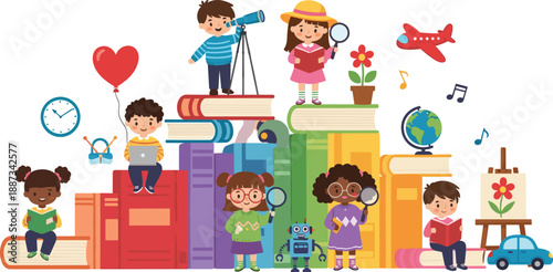 Kids education cartoon illustration, children learning with books science art music, creative study concept, colorful vector isolated