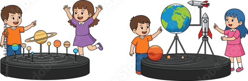 Kids learning astronomy and space science, children exploring solar system models, planets globe rockets, education concept, cartoon illustration