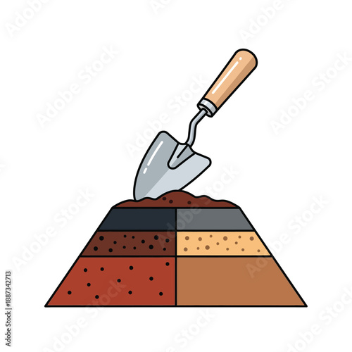 Soil Profile Diagram: Cross-Section Illustration of Earth Layers and Horizons with Trowel.