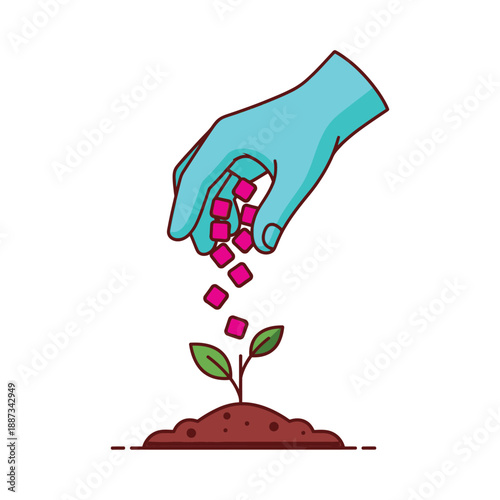 Hand Sowing Digital Seeds. Investment, Data Growth, and Nurturing Concept Icon in Modern Flat Line Art Style.