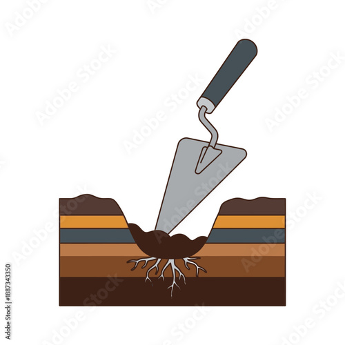 Trowel Digging into Layered Soil Cross Section Revealing Plant Roots. Educational Diagram of Stratigraphy, Gardening, and Earth Layers.
