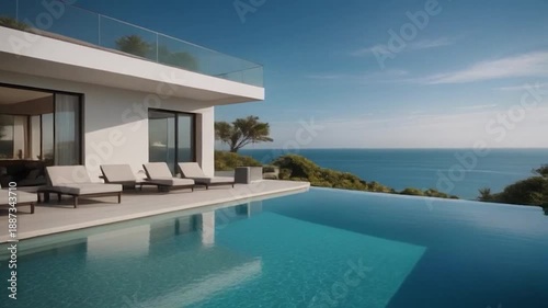 Luxury Villa with Infinity Pool Overlooking the Ocean on a Sunny Day.