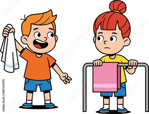 kids sharing towels cartoon, hygiene behavior concept, boy and girl daily routine, clean habits education, children illustration scene