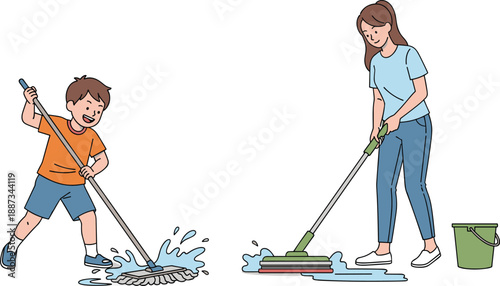 Mother and child cleaning floor together, family housework activity illustration, teaching responsibility teamwork concept, isolated on white background