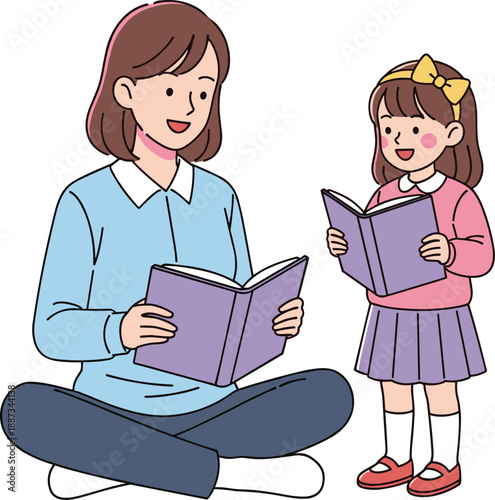 Mother reading book with daughter, happy family learning moment, cute illustration, childhood education, bedtime story, parent child bonding