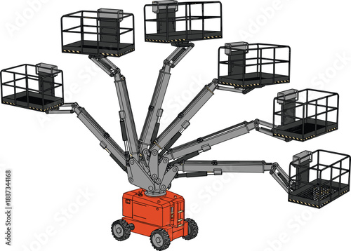 Multi arm aerial work platform illustration, boom lift, cherry picker, hydraulic arms, safety baskets, construction equipment, industrial vehicle