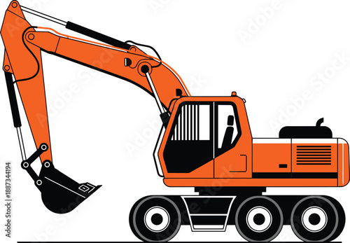 Orange and black wheeled excavator illustration, construction vehicle, hydraulic arm, digging bucket, heavy machinery, industrial equipment, engineering tool, site work