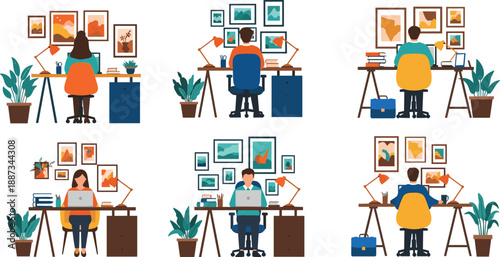People working at desk illustration set, home office workspace scenes, creative professionals remote work vector isolated