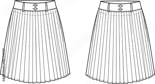 Pleated skirt technical drawing, front and back view fashion flat sketch, women apparel garment design outline illustration