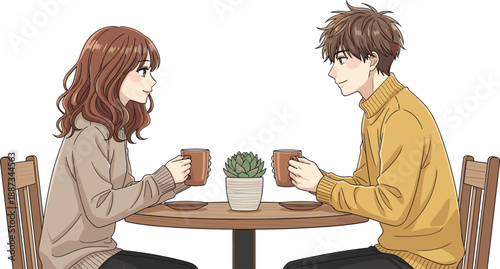 Romantic couple coffee date illustration, young man and woman chatting at cafe table, cozy relationship moment, flat vector artwork