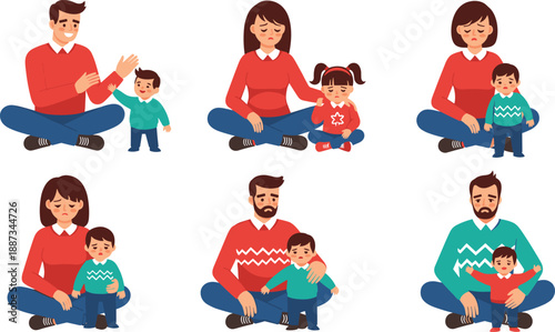 Sad parents and children emotions illustration set, family stress depression concept, mother father comforting kids, flat vector design