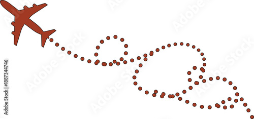 described features a stylized illustration of an airplane and its flight path, 