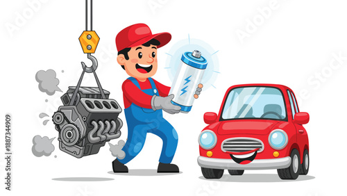 Cartoon Mechanic Replacing Engine and Battery in Smiling Car