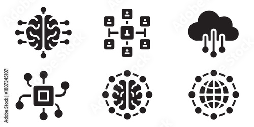 Artificial intelligence icons, brain neural network, database management, cloud computing vector