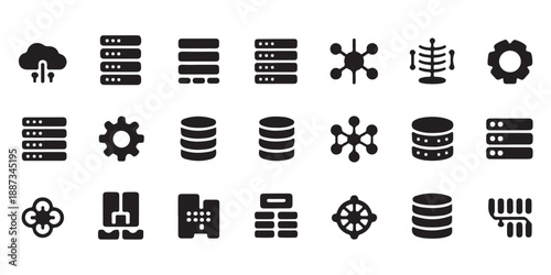 Cloud data stream, server racks, network connections, database storage and gear icons set