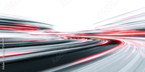 Streaking red and white light trails blur into a dynamic abstract motion perspective.