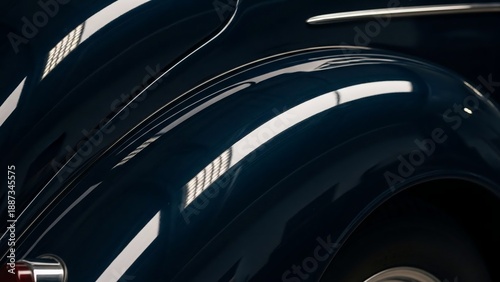 Vintage Car Fender with Chrome Emblem and Reflective Surface.