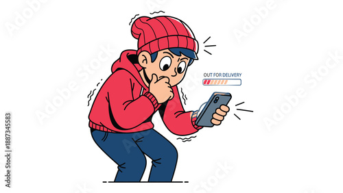 Boy Anxiously Awaiting Delivery Update on Smartphone