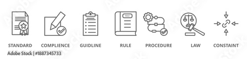 Regulation banner web website icons vector illustration concept, with icons of standard, compliance, guideline, rule, procedure, law, constraint, on white background, editable stroke,