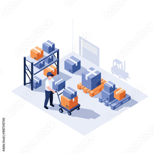 Warehouse Worker Loading Boxes on Hand Truck.