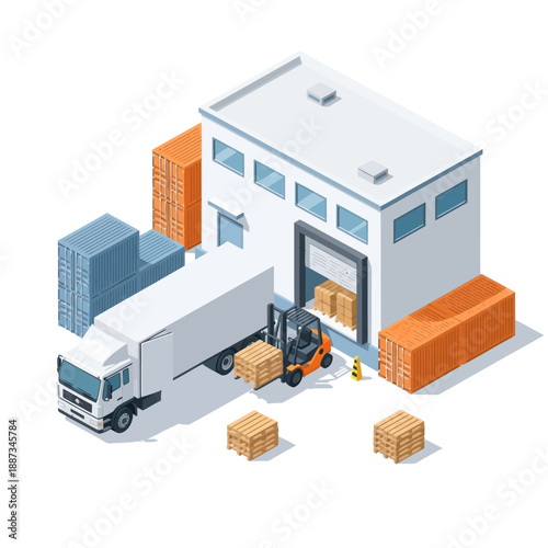Warehouse with Truck and Forklift Unloading.