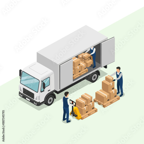 Delivery Men Unloading Boxes from Truck.