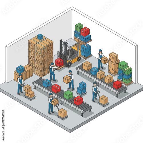 Warehouse Workers Organizing Packages with Forklift.