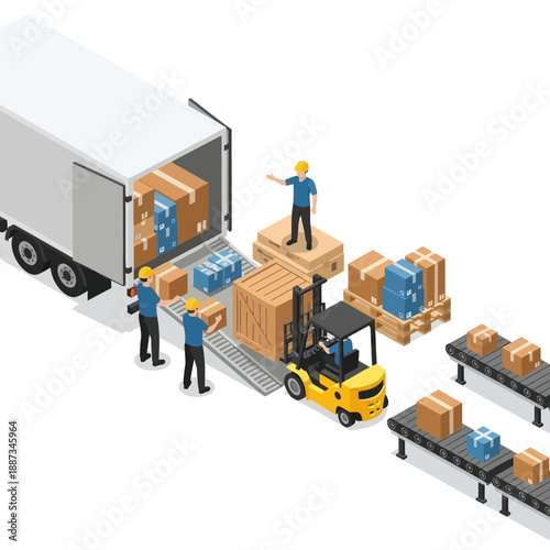 Warehouse Workers Unloading Packages from Truck.